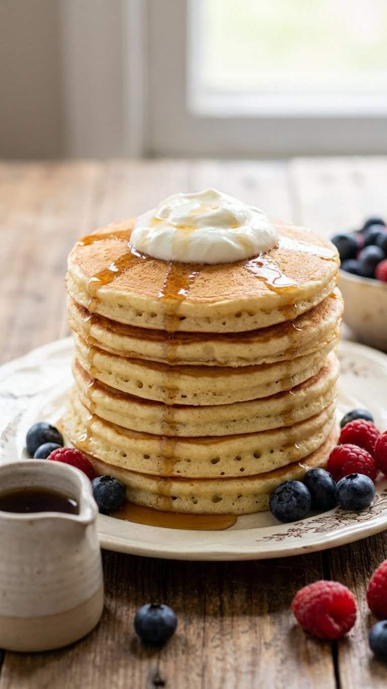 Golden-Brown, Fluffy Pancakes With Maple Syrup And Sour Cream On A Vintage Plate, Fresh Berries, Bright Daylight.