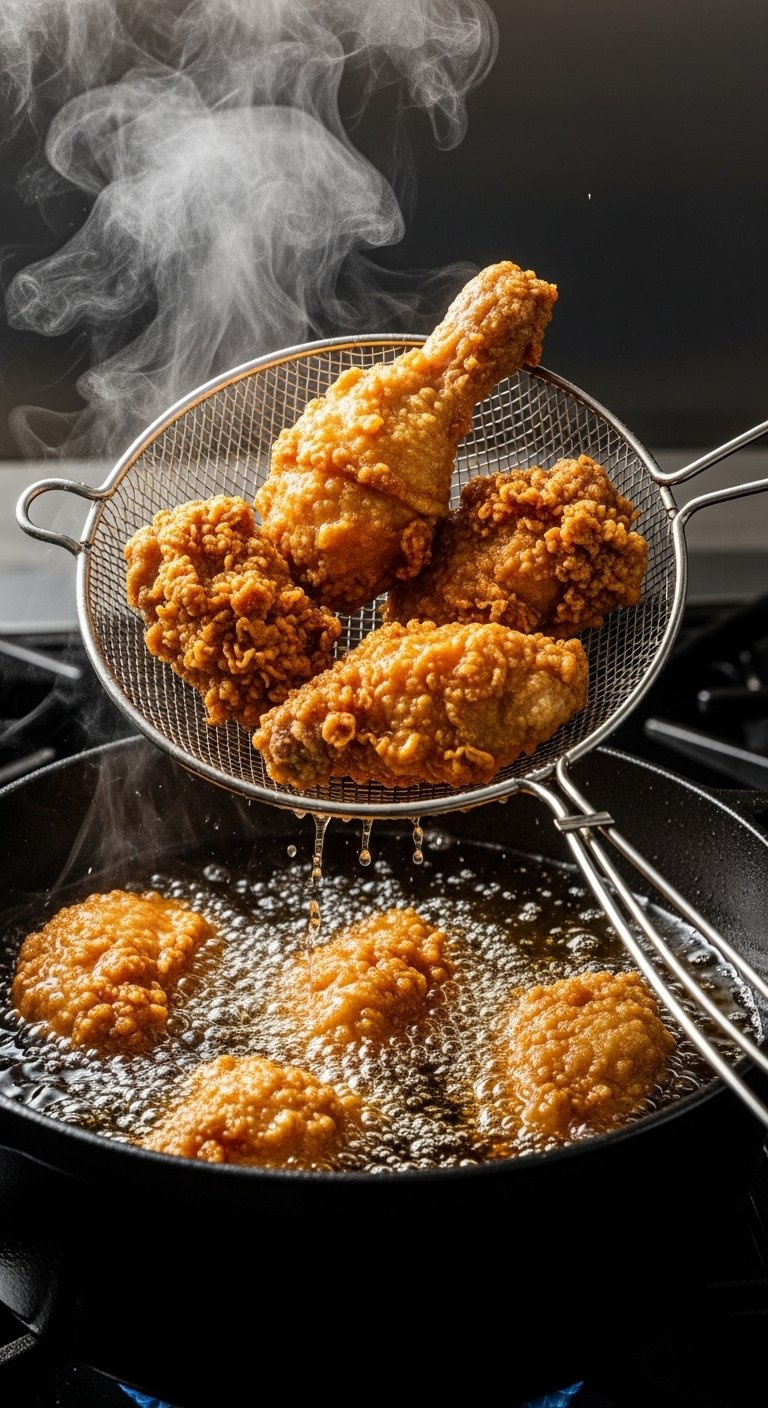 Golden-Brown Fried Chicken Pieces Being Lifted From Hot Oil With A Metal Spider Strainer.