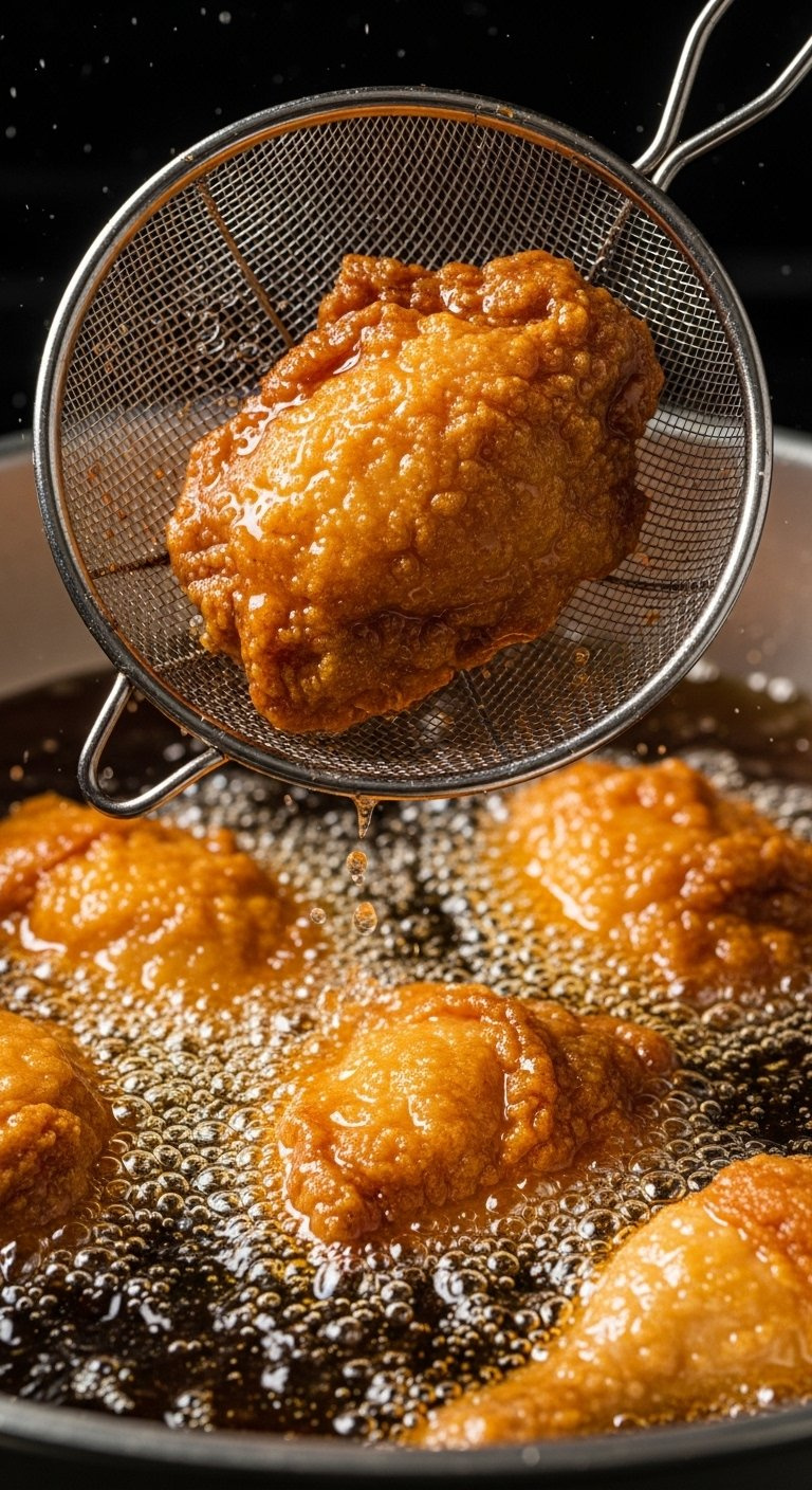 Golden Brown Fried Chicken Pieces Being Lifted From Hot Oil With A Metal Wire Strainer.