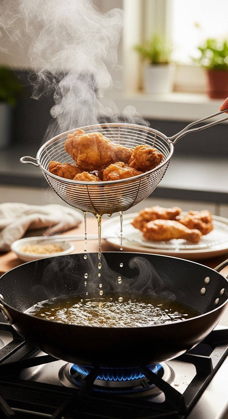 Golden-Brown Fried Chicken Pieces Lifted In A Wire Spider Strainer From Hot Oil In A Carbon Steel Wok.