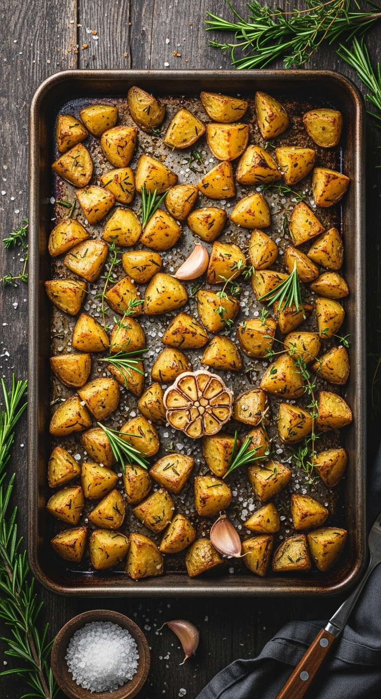 Golden Brown Garlic And Herb Roasted Potatoes With Rosemary Thyme And Sea Salt On A Rustic Metal Baking Sheet