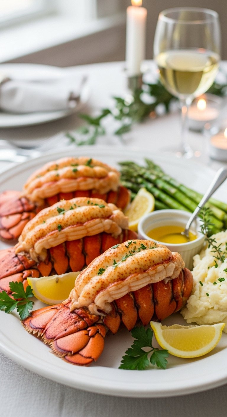 Golden Brown Garlic Butter Lobster Tails Plated With Asparagus And Mashed Potatoes On White China.