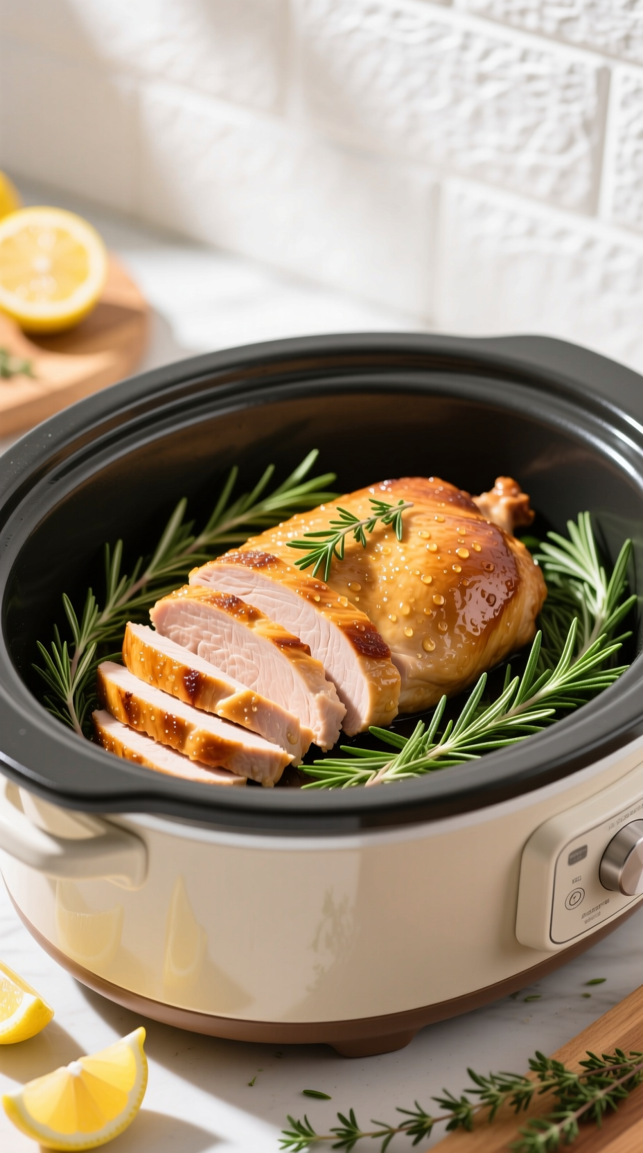 Golden-Brown Garlic Herb Turkey Breast With Tender Slices, Fresh Thyme, And Rosemary In A Slow Cooker Insert, With Lemon Wedges.