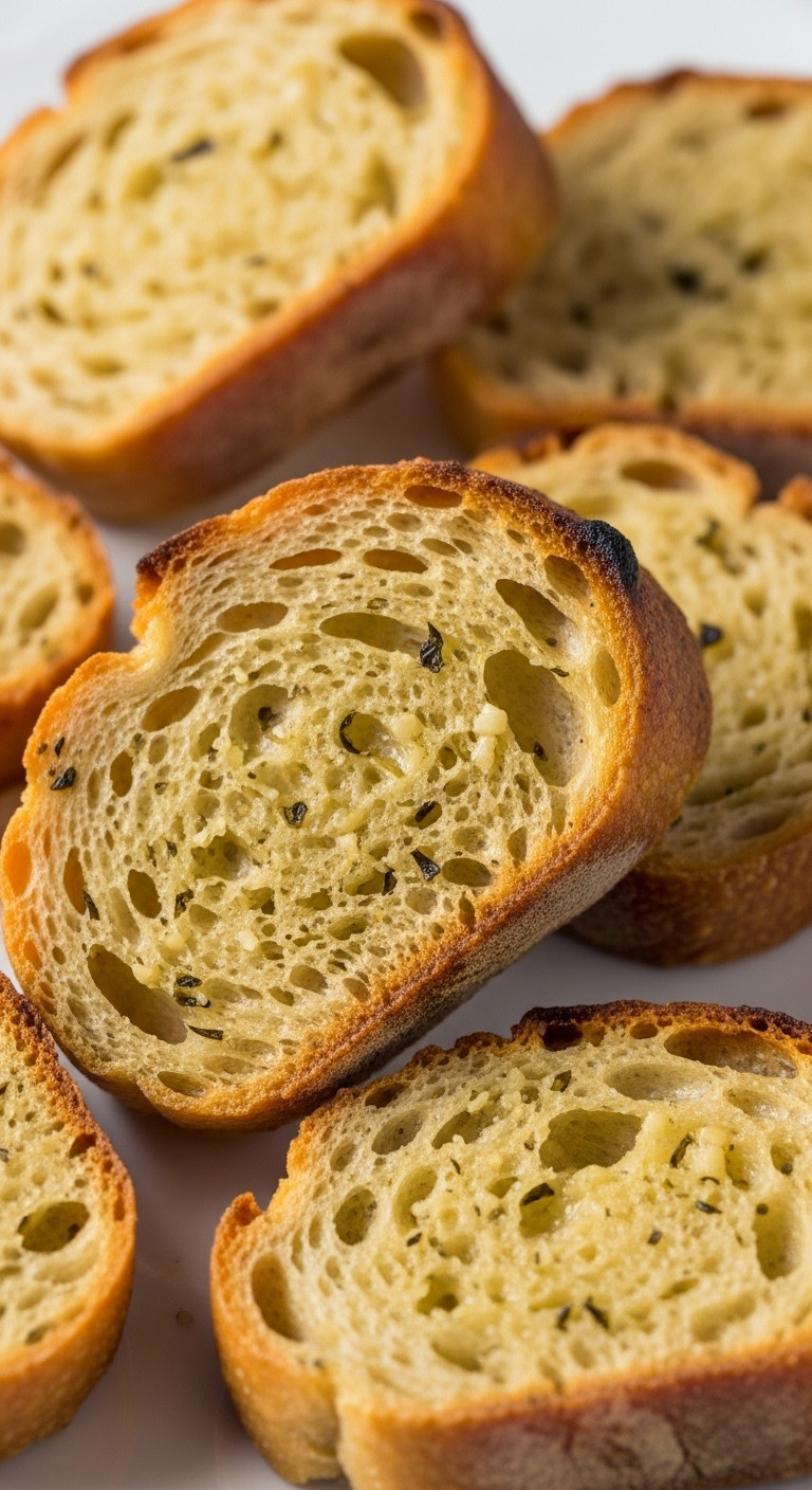 Golden-Brown Garlic Infused Vampire Bread Slices With Herbs And Subtle Char, Perfect Halloween Side.