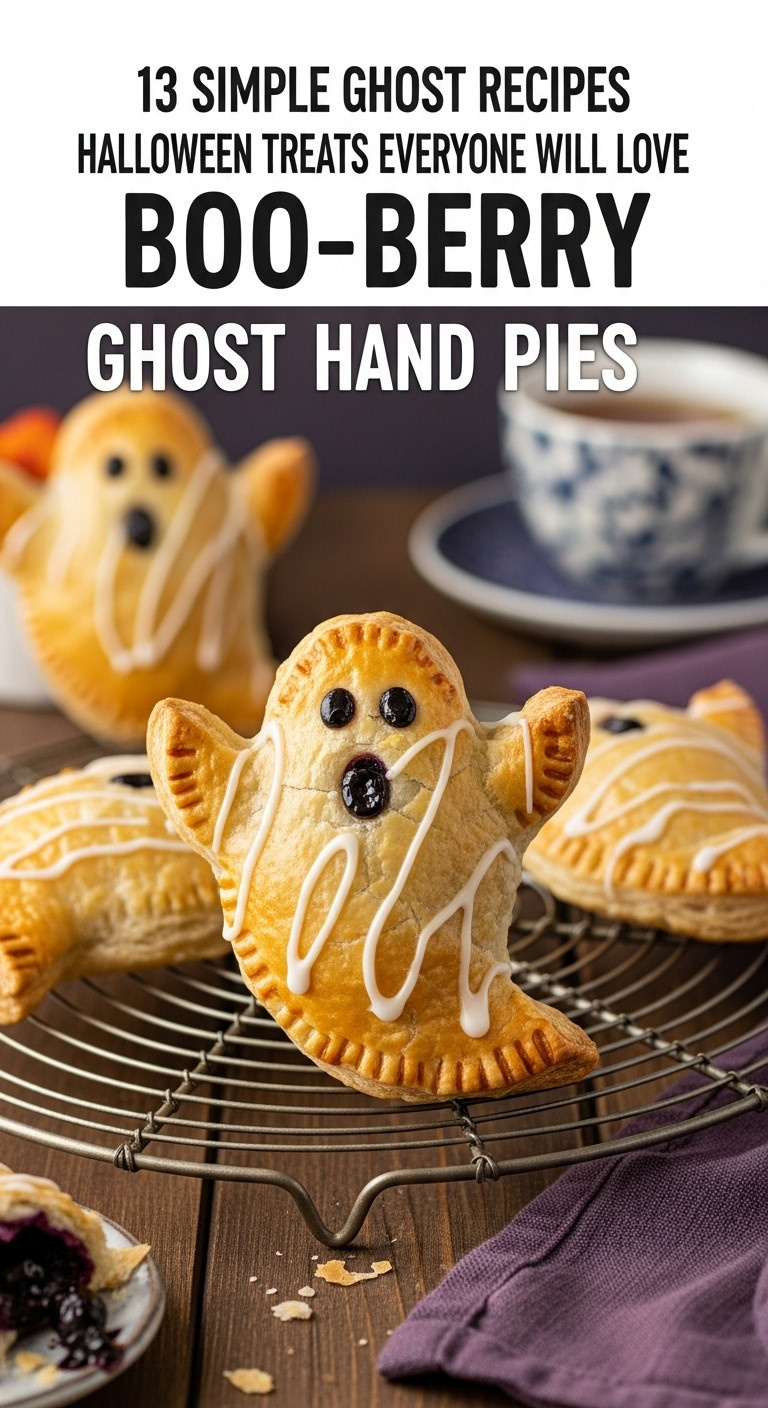 Golden Brown Ghost Shaped Hand Pie With Blueberry Filling And White Icing Drizzle On A Cooling Rack