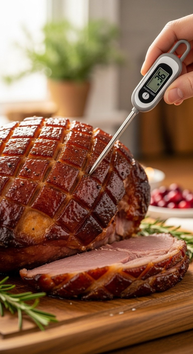 Golden Brown Glazed Thanksgiving Ham With A Digital Meat Thermometer Showing Internal Temperature, On A Rustic Cutting Board With Rosemary, Blurred Kitchen Background.