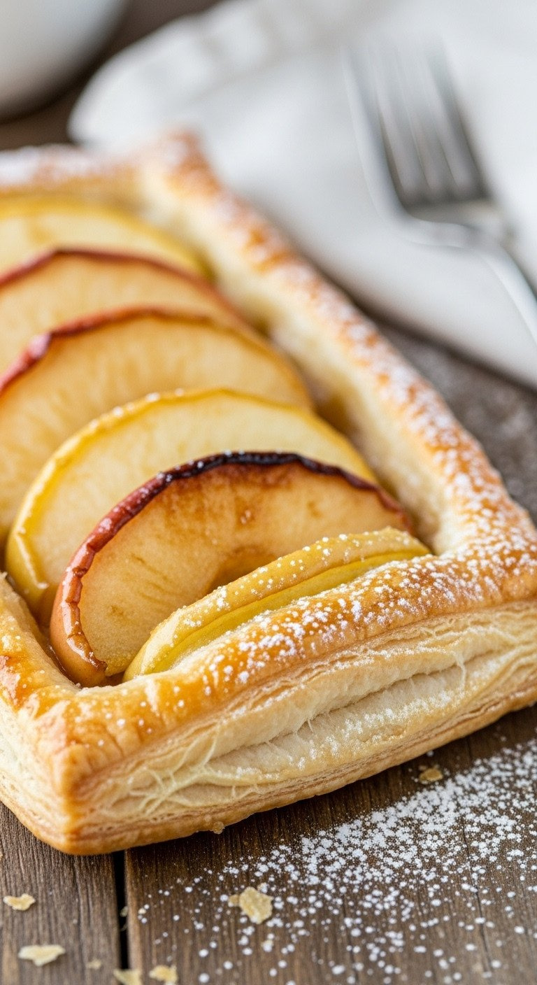 Golden Brown, Glossy Apple Slices On Flaky Puff Pastry, Dusted With Powdered Sugar, With A Fork On Rustic Wood.