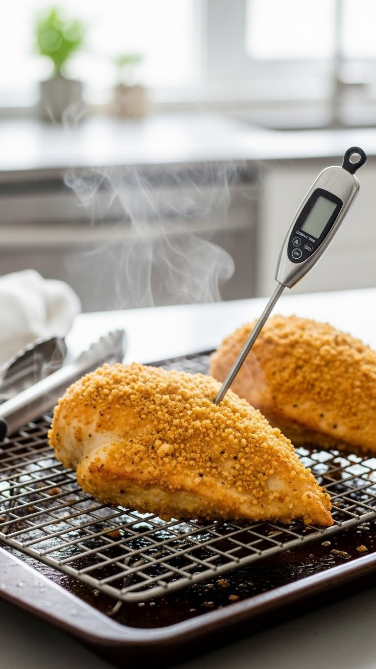 Golden-Brown Gluten-Free Baked Chicken Breasts Resting On Wire Rack With Crispy Coating And Steam Rising From Fresh Oven Bake.