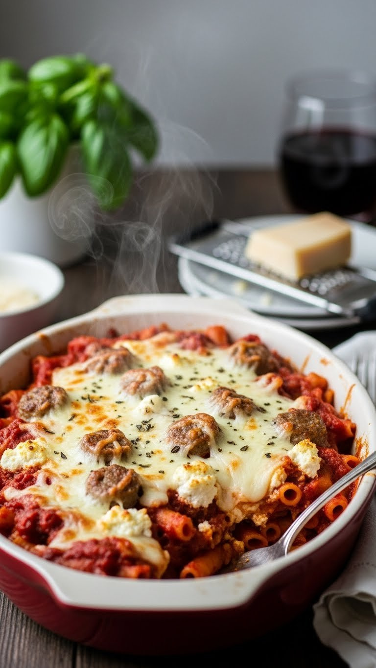 Golden-Brown Gluten-Free Baked Ziti With Italian Sausage, Melted Mozzarella Cheese And Fresh Basil Garnish