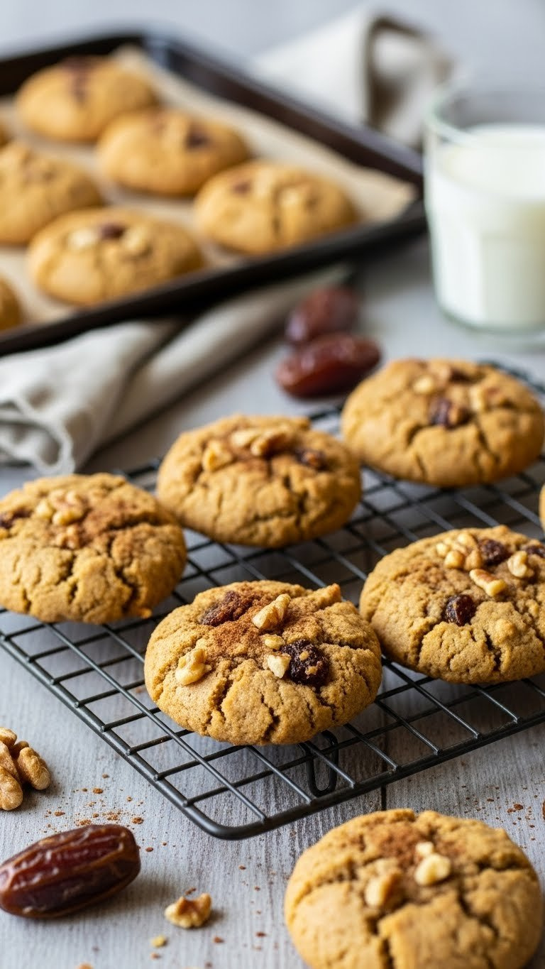 Golden-Brown Gluten-Free Date Cookies Cooling On A Wire Rack With Cinnamon And Walnuts On A Baking Sheet.