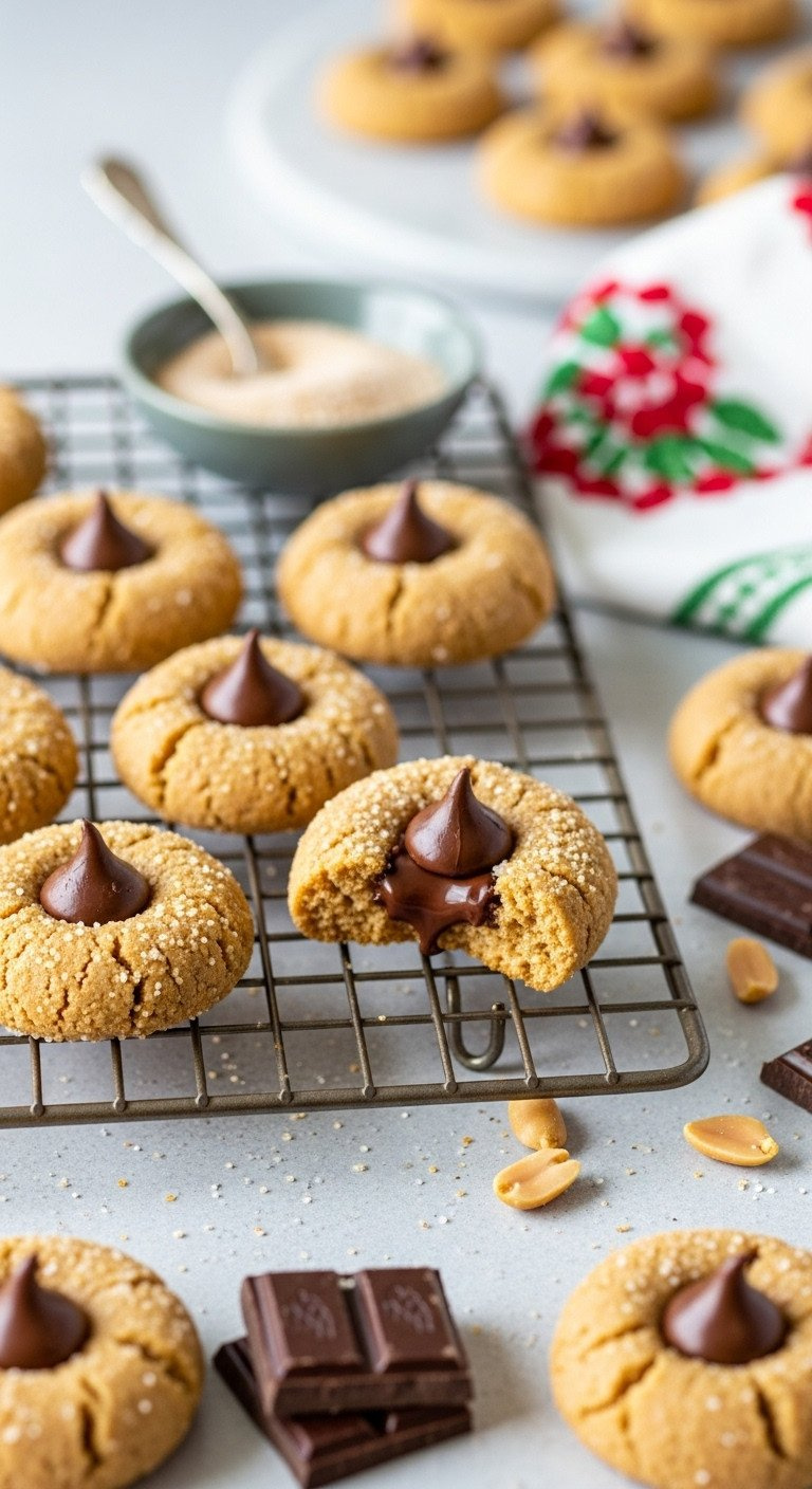 Golden Brown Gluten-Free Keto Peanut Butter Blossoms With Melted Dark Chocolate Kisses On A Wire Cooling Rack.