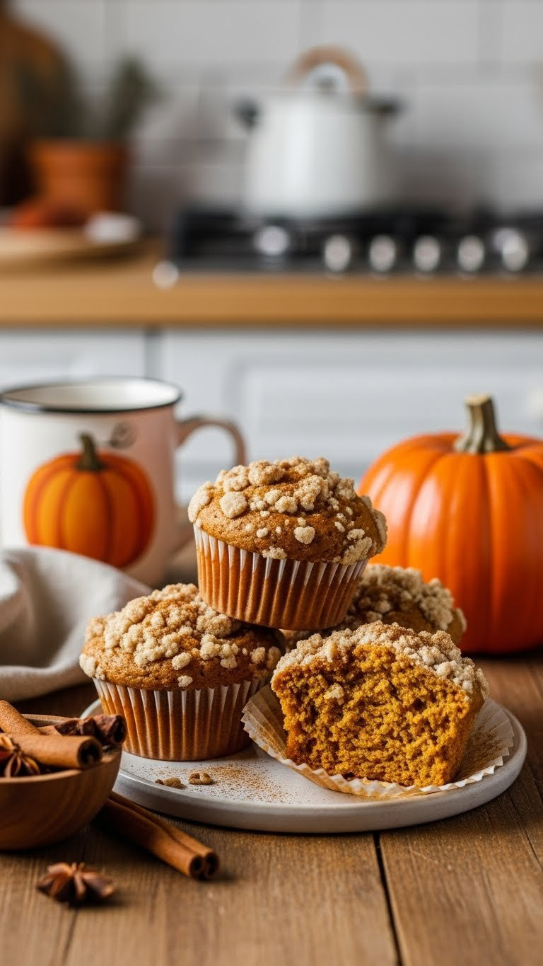 Golden-Brown Gluten-Free Pumpkin Spice Muffins With Streusel Topping On Rustic Wooden Table With Warm Golden Hour Lighting