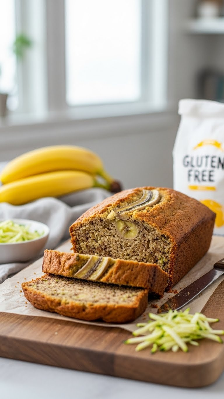 Golden-Brown Gluten-Free Zucchini Banana Bread Slice Revealing Moist Crumb With Banana Chunks