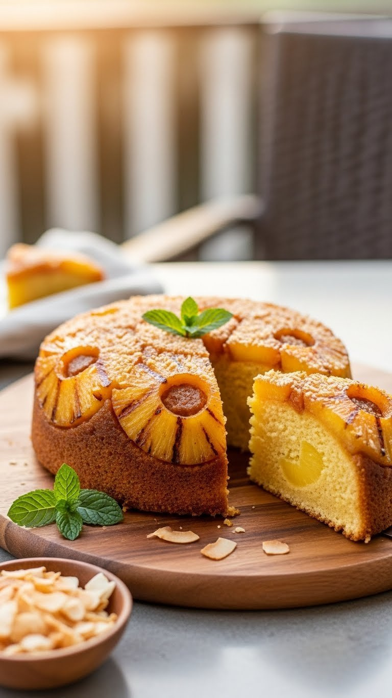 Golden-Brown Grilled Pineapple Upside-Down Cake With Caramelized Rings, Toasted Coconut, And A Clean Slice On A Wooden Board.