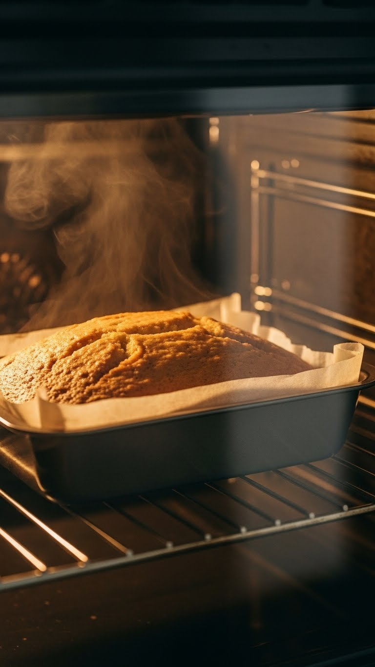 Golden-Brown Healthy Carrot Cake Baking In Oven Visible Through Glass Door With Warm Interior Lighting