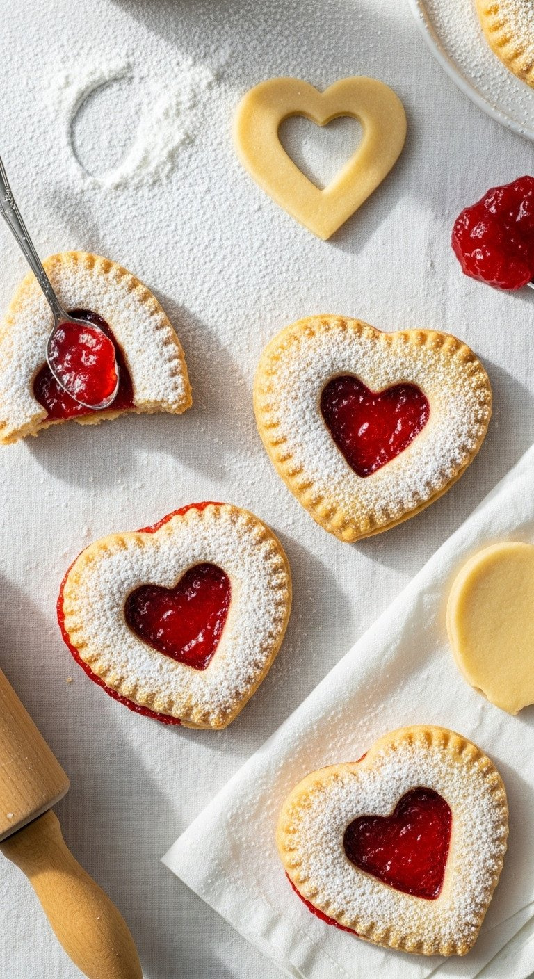 Golden-Brown Heart Jam Tarts Dusted With Powdered Sugar, Red Jam Filling Peeking Through Lattice On White Linen.