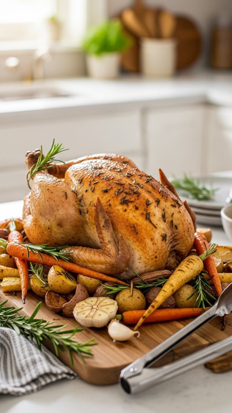 Golden-Brown Herb-Crusted Roast Chicken Surrounded By Caramelized Root Vegetables On Rustic Wooden Cutting Board