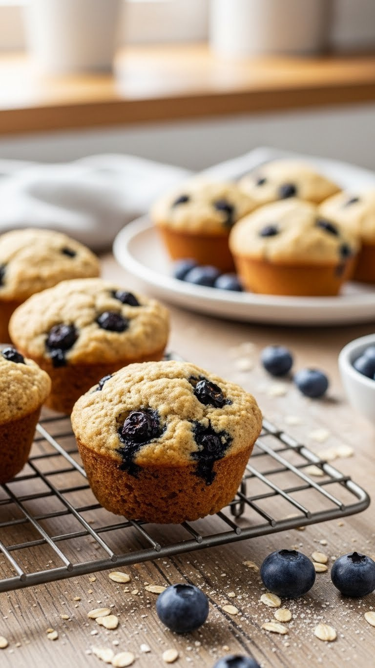 Golden Brown High-Protein Blueberry Muffins With Juicy Blueberries Visible On Rustic Wooden Cooling Rack