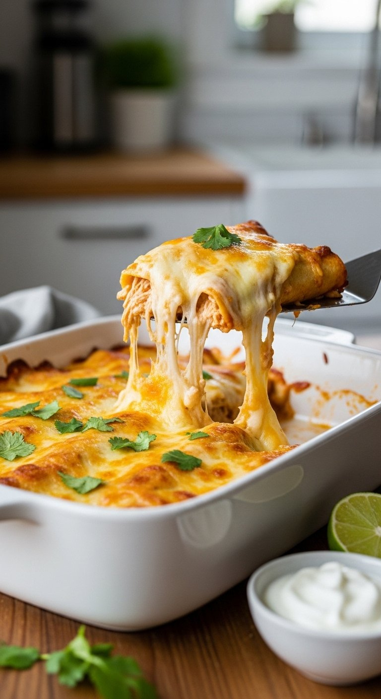 Golden-Brown High Protein Chicken Enchilada Lifted From A White Dish Showing Cheesy Stretch And Creamy Sauce.