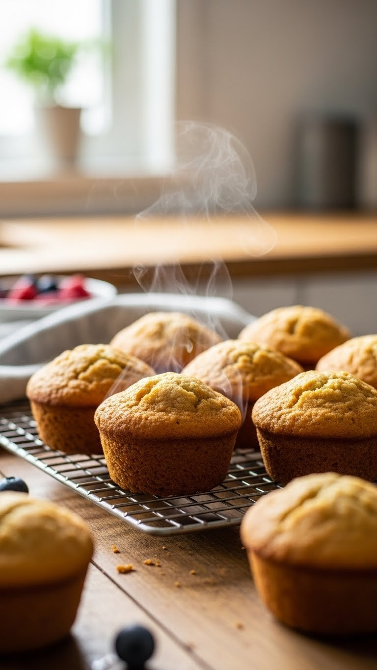 Golden Brown High Protein Muffins Cooling On Wire Rack With Soft Natural Lighting And Inviting Texture