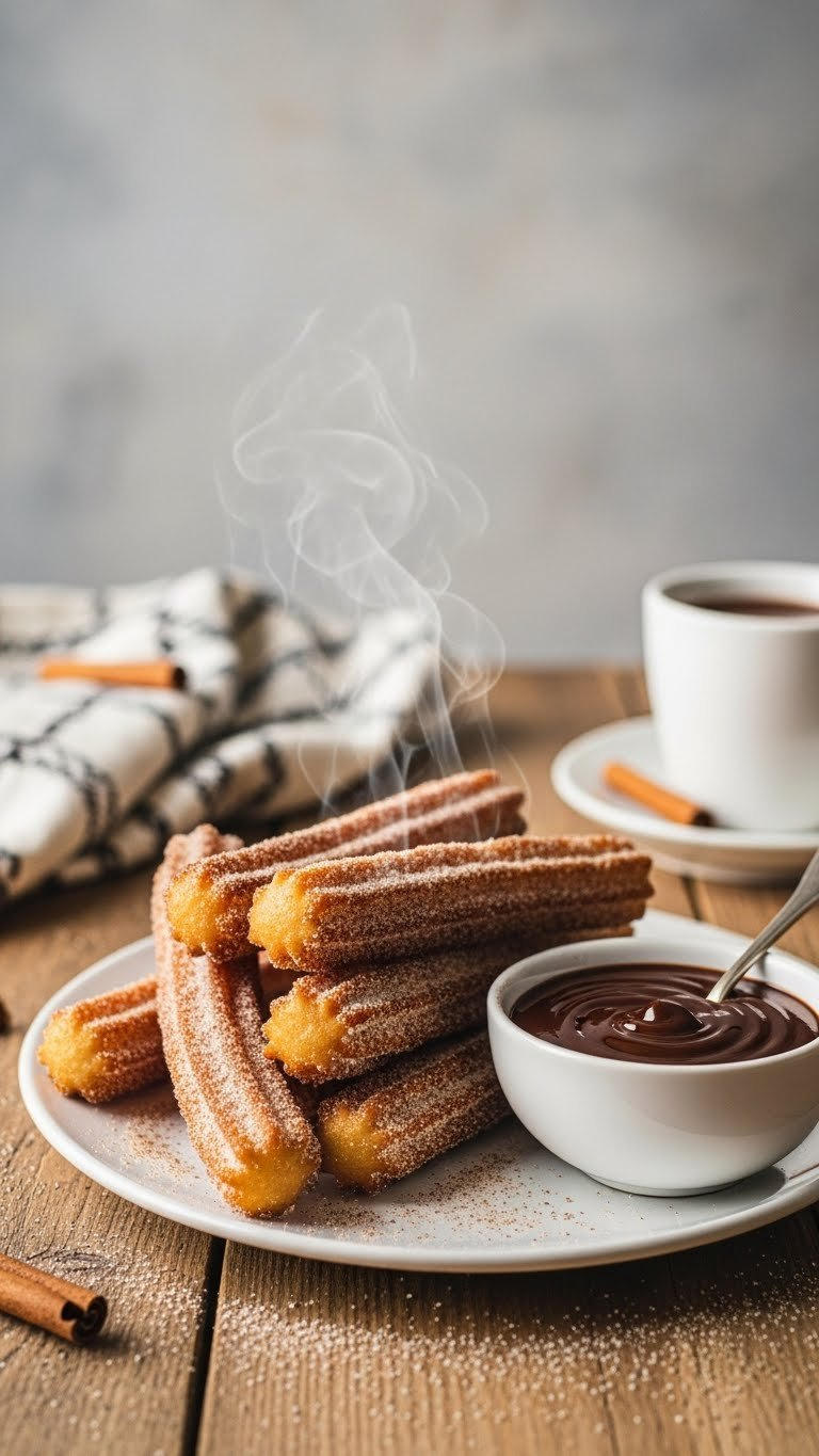 Golden-Brown Homemade Churros With Cinnamon Sugar, Steaming, Next To Mexican Chocolate Dipping Sauce On Rustic Wood Table.