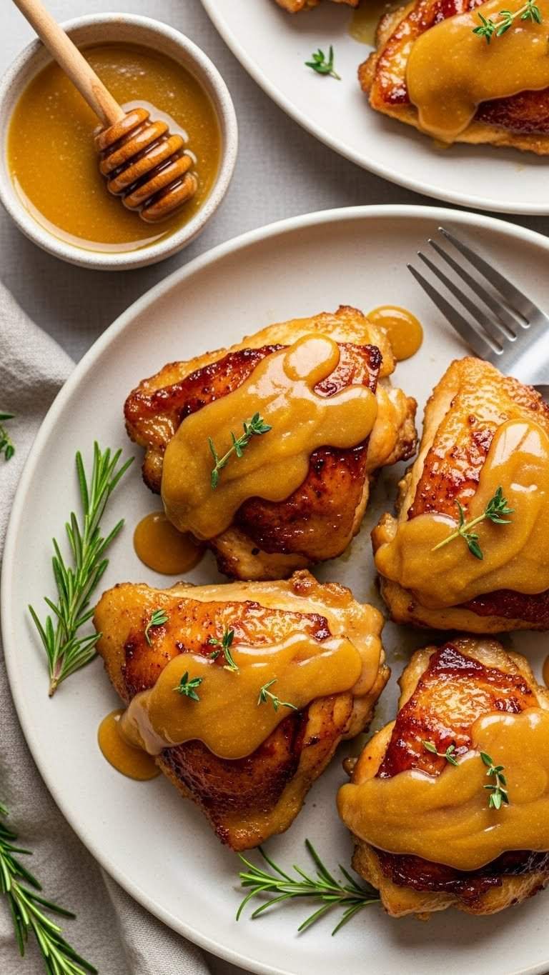 Golden-Brown Honey Mustard Glazed Chicken Pieces With Caramelized Sticky Sauce On Neutral Ceramic Plate With Rosemary Sprigs