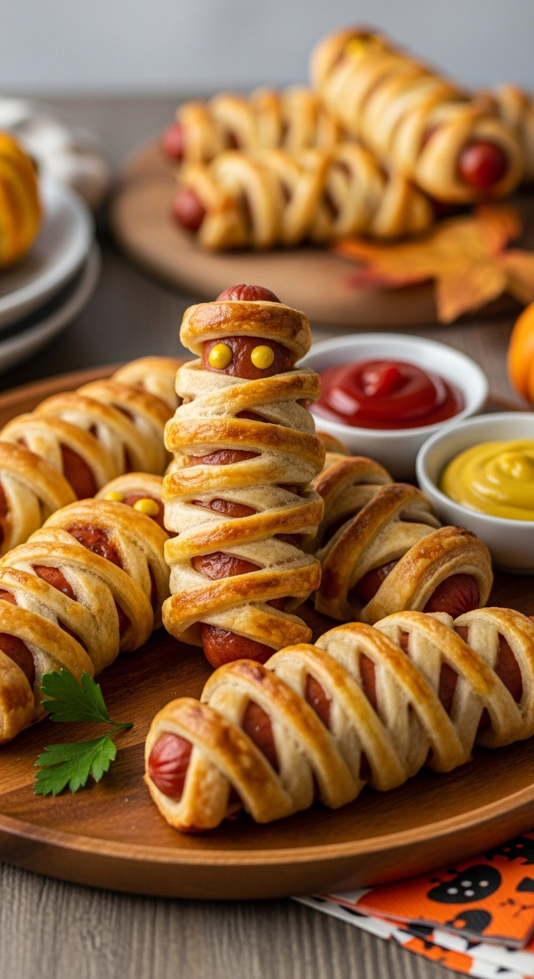Golden-Brown Hot Dog Mummies With Mustard Eyes On Rustic Platter. Blurred Autumn Tablecloth, Ketchup, Gourds. Festive Halloween Appetizer.