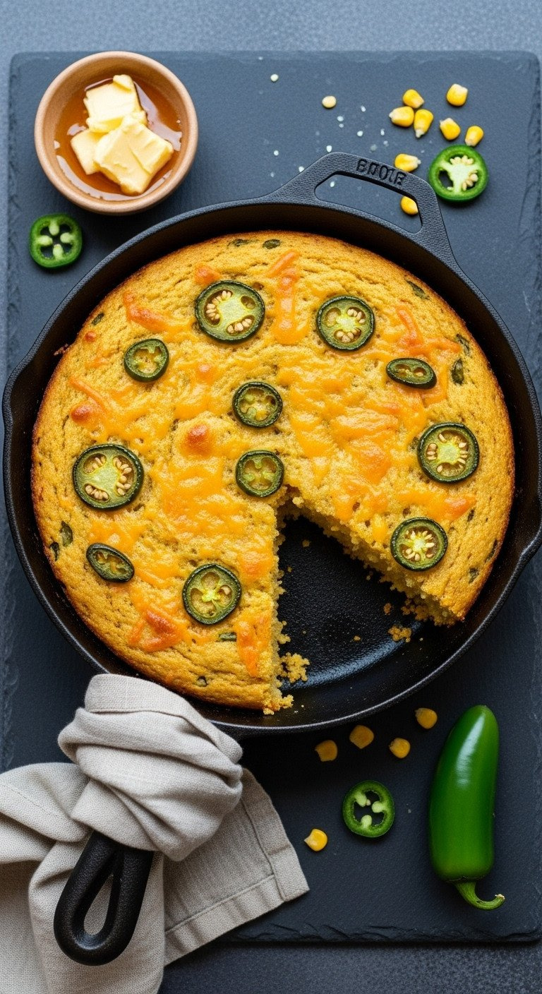 Golden-Brown Jalapeño Cheddar Cornbread In Skillet, Slice Removed. Cheesy, Moist Crumb With Jalapeños. Served With Honey Butter.