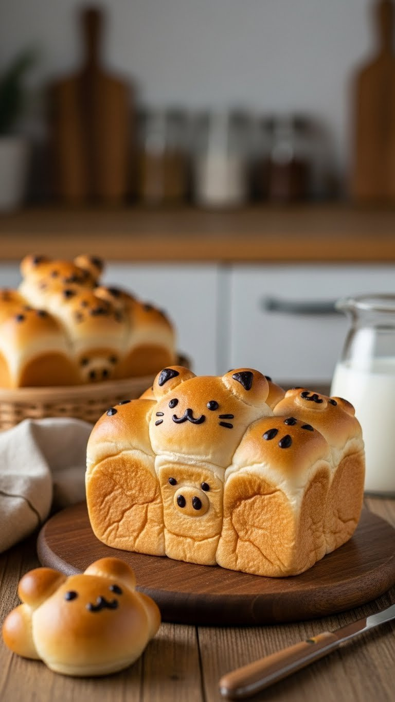 Golden-Brown Kawaii Animal Bread Shapes With Minimalist Faces Baked Together On Rustic Wooden Table