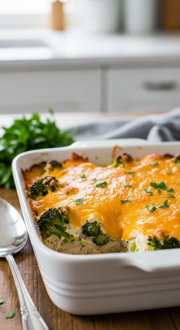 Golden-Brown Keto Chicken And Broccoli Casserole With Melted Cheddar Cheese In A White Baking Dish On A Rustic Wooden Table.