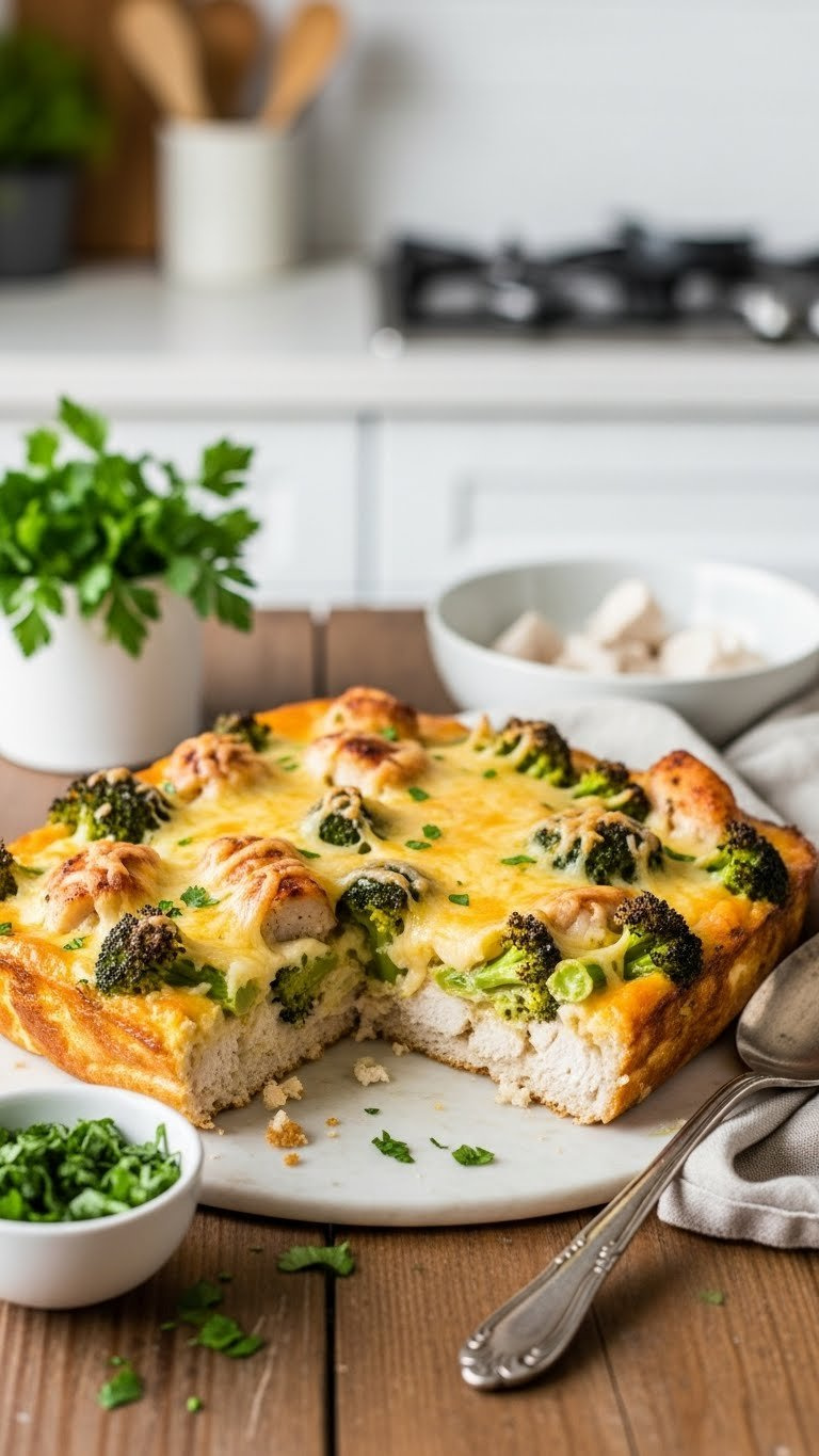 Golden-Brown Keto Chicken Broccoli Casserole With Melted Cheese, Roasted Chicken Pieces, And Green Broccoli Florets On Rustic Wooden Table