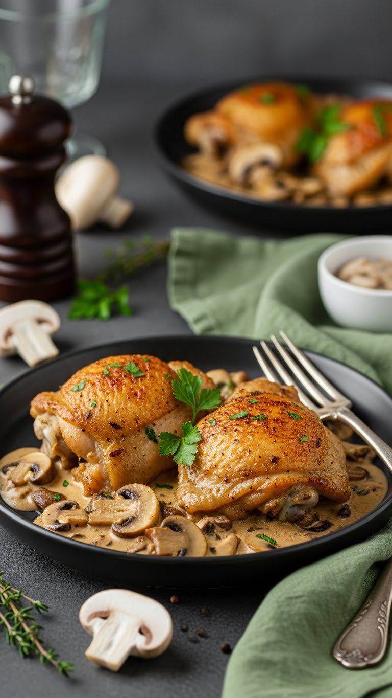 Golden-Brown Keto Chicken Thighs In Creamy Mushroom Sauce With Parsley On A Dark Plate On An Elegant Dining Table.