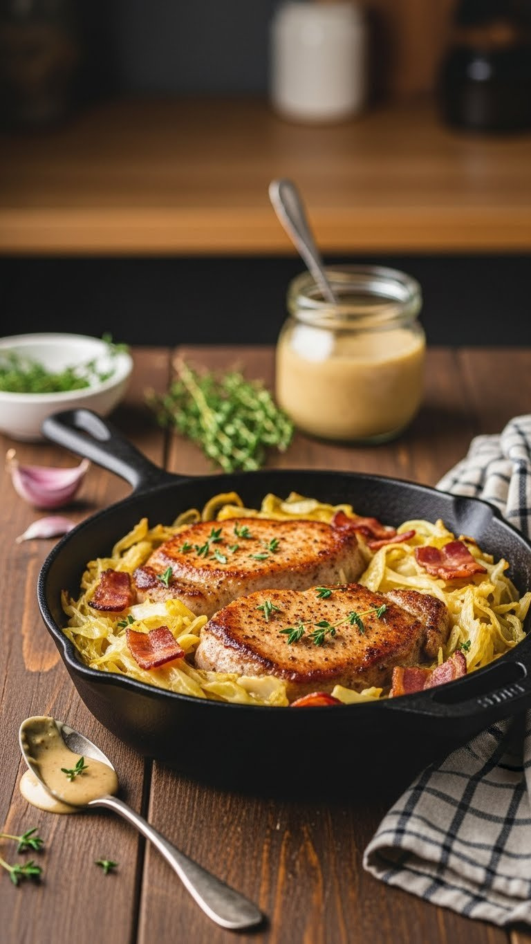 Golden-Brown Keto Pork Chops With Creamy Cabbage Bacon Sauce In Cast Iron Skillet