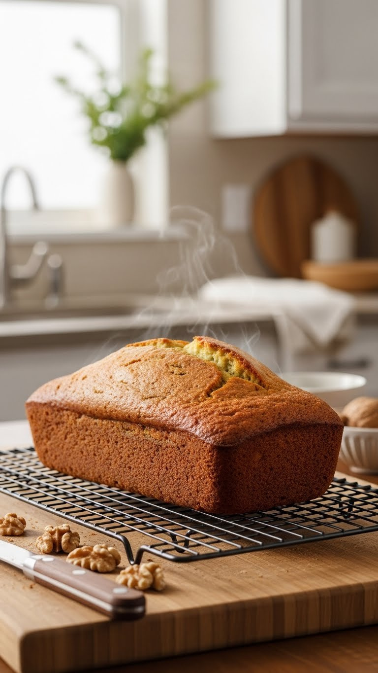 Golden Brown Keto Zucchini Bread Loaf With Cracked Top Cooling On Wire Rack Emitting Subtle Steam