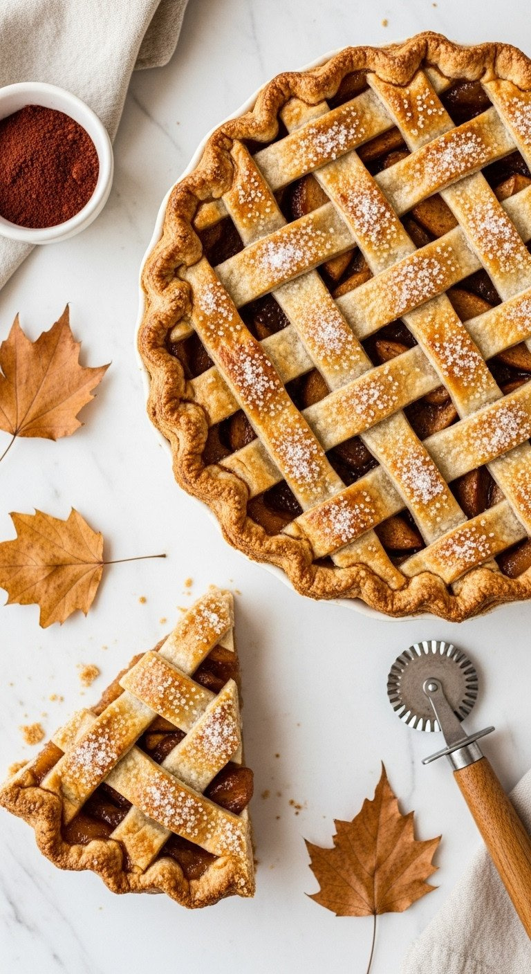 Golden-Brown Lattice Apple Pie With Flaky, Sugar-Sparkled Crust &Amp; Bubbling Caramelized Apple Filling On White Marble. Fall Leaves Nearby.
