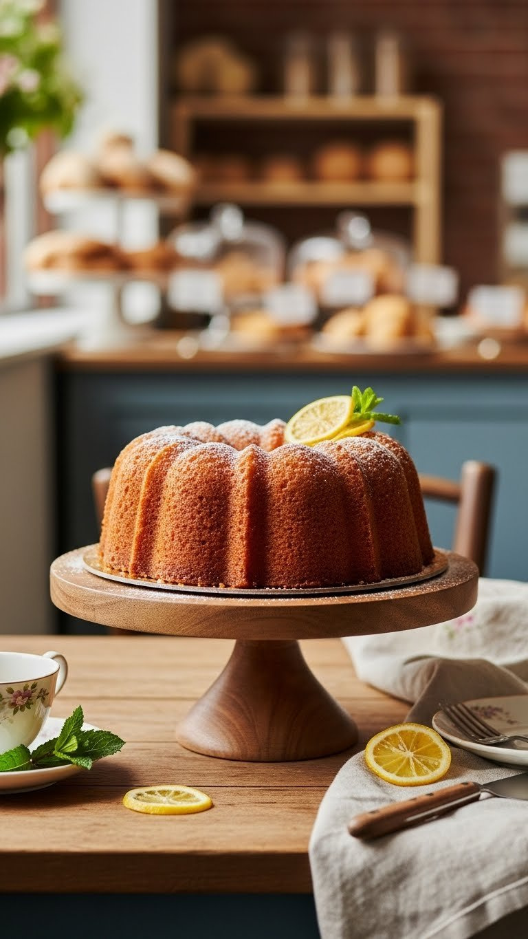 Golden-Brown Lemon Cake With Powdered Sugar And Candied Lemon Slices On Rustic Wooden Stand In Sunlit Bakery Setting