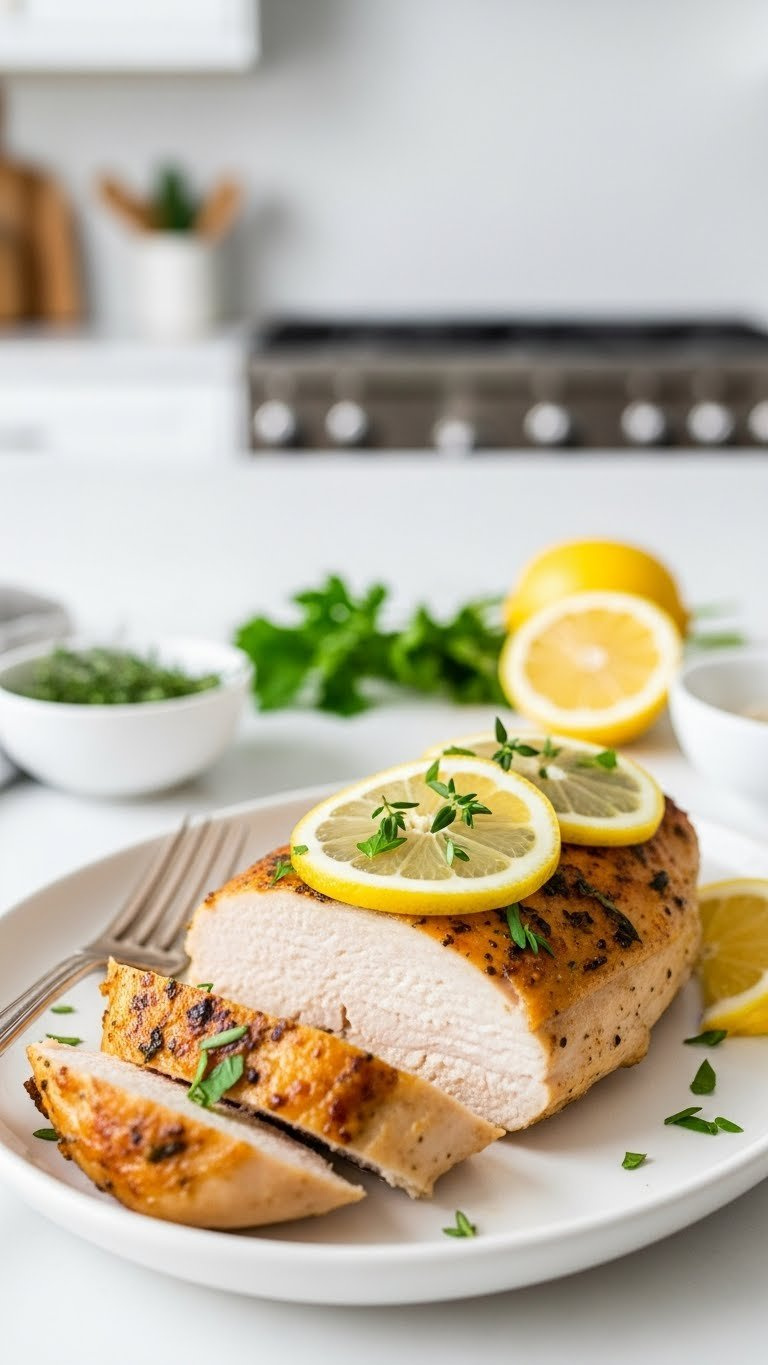 Golden-Brown Lemon Herb Baked Chicken Breast Sliced To Reveal Juicy Interior With Fresh Lemon Slices And Herbs On White Ceramic Plate