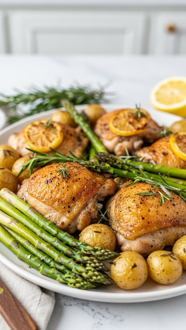 Golden-Brown Lemon Herb Baked Chicken Thighs With Asparagus And Potatoes On White Ceramic Platter With Rosemary Garnish