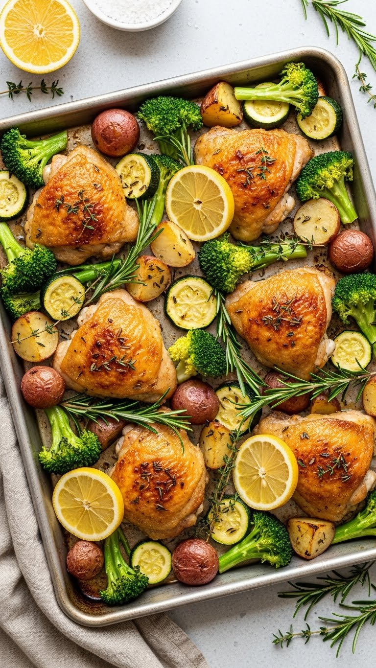 Golden-Brown Lemon Herb Chicken Thighs With Crispy Skin Surrounded By Roasted Broccoli, Zucchini And Red Potatoes On Baking Sheet
