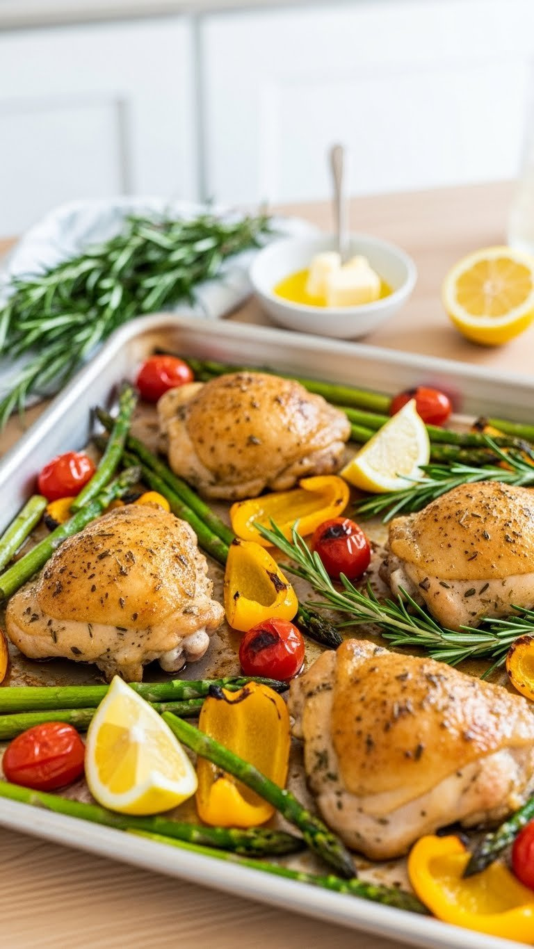 Golden-Brown Lemon Herb Chicken Thighs With Roasted Asparagus, Bell Peppers, And Cherry Tomatoes On A Baking Sheet With Fresh Rosemary Garnish