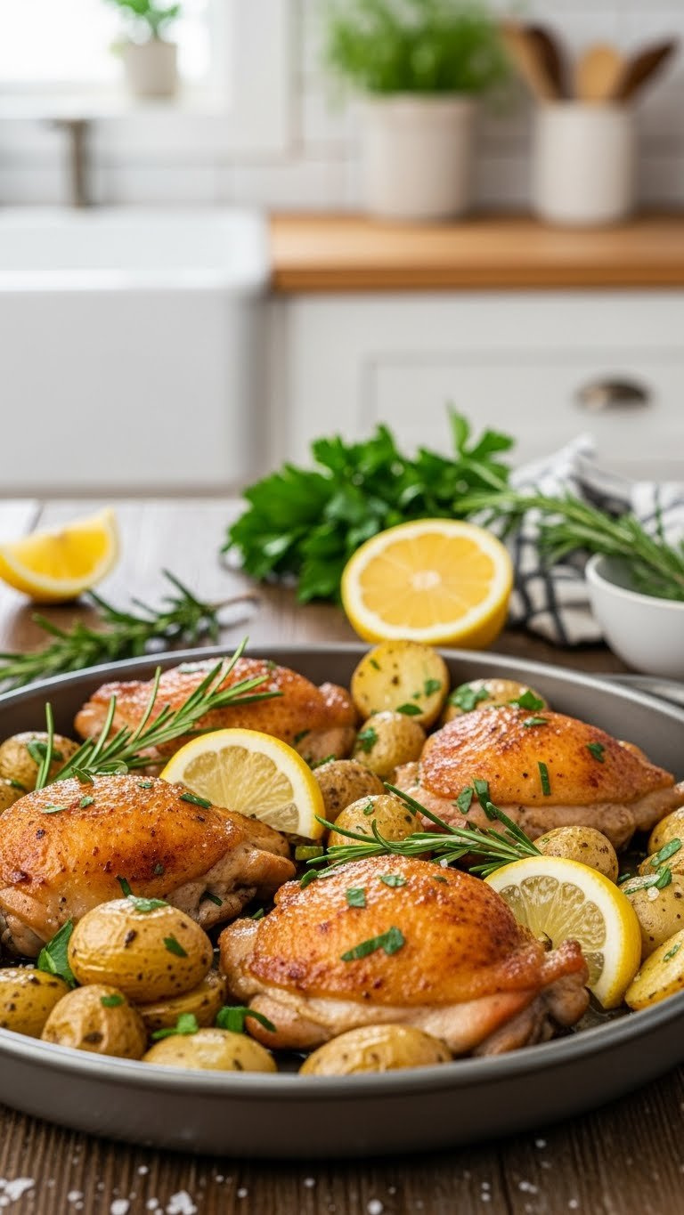 Golden-Brown Lemon Herb Chicken Thighs With Roasted Baby Potatoes Garnished With Fresh Rosemary On Rustic Wooden Table