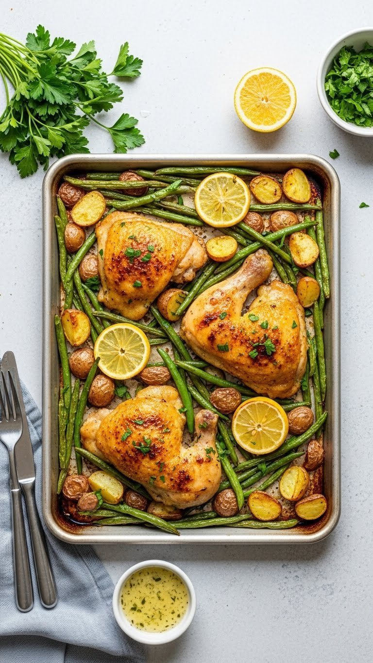Golden-Brown Lemon Herb Chicken Thighs With Roasted Vegetables On Stainless Steel Sheet Pan
