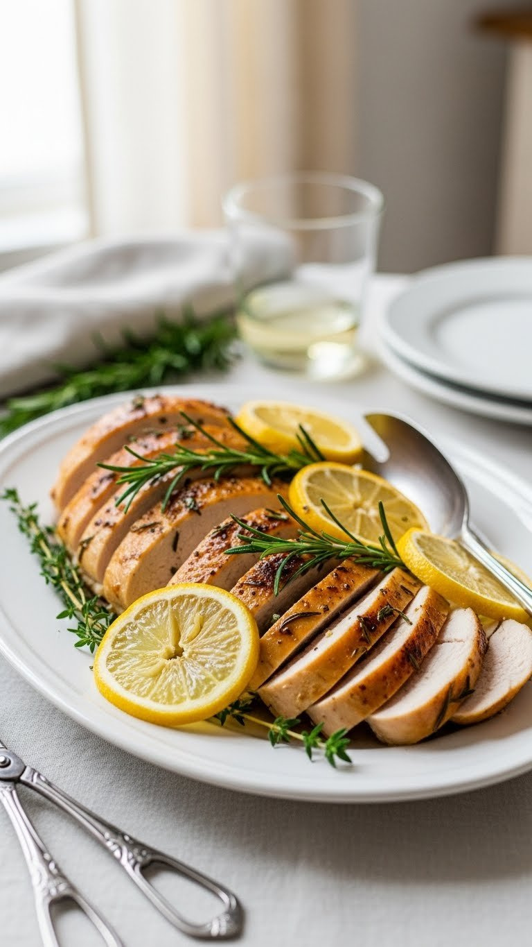 Golden-Brown Lemon Herb Roasted Chicken Breast Slices Fanned On White Ceramic Platter With Fresh Herbs And Lemon Slices