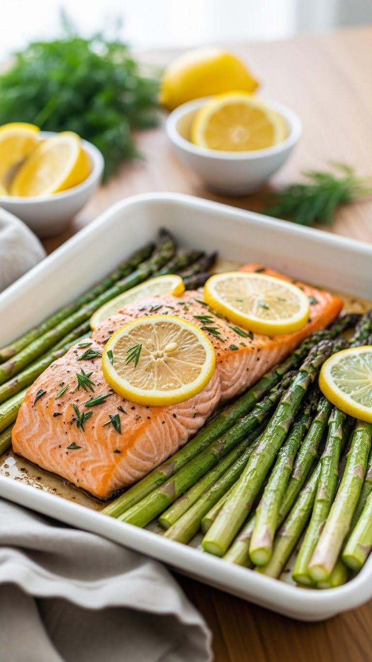 Golden-Brown Lemon Herb Salmon Fillet With Charred Asparagus Spears And Fresh Lemon Slices On A White Sheet Pan