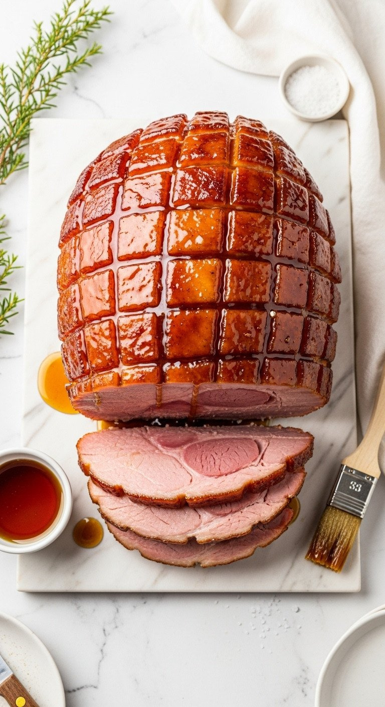 Golden Brown Maple Glazed Boneless Ham, Sliced, With Amber Glaze Dripping, On White Marble With Holiday Greenery.