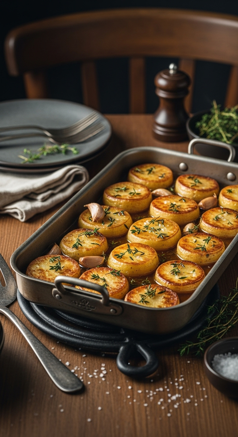 Golden-Brown Melt In Your Mouth Potato Rounds In A Rustic Metal Baking Pan With Roasted Garlic And Thyme On A Wooden Table