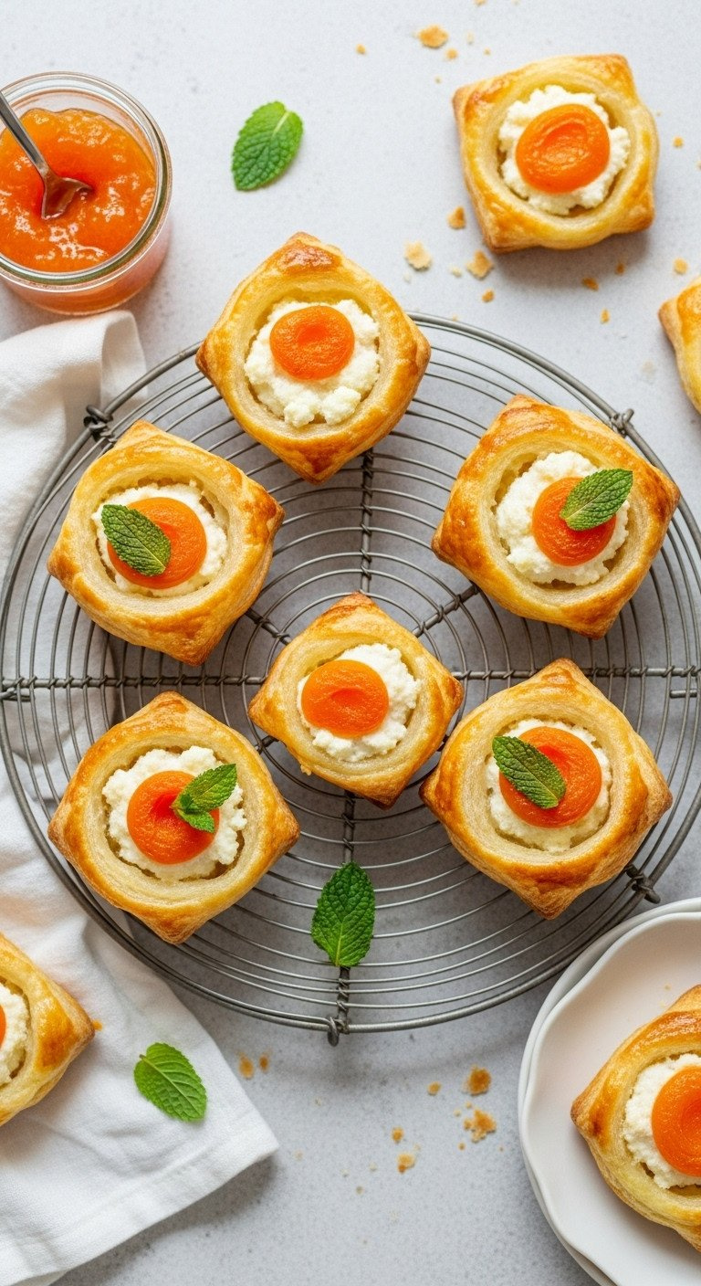 Golden-Brown Mini Apricot Ricotta Puff Pastry Turnovers, Flaky, Glazed, On A Cooling Rack With Apricot Jam And Mint Leaves.