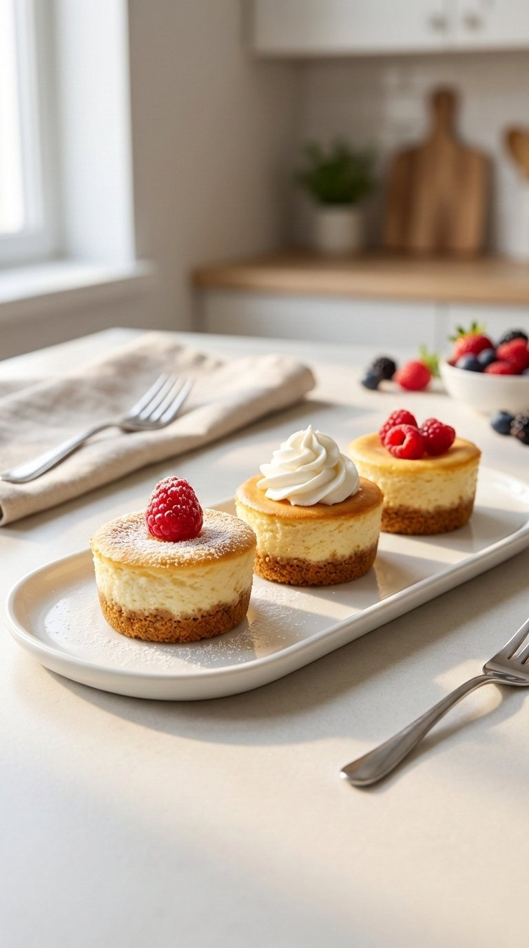 Golden-Brown Mini Cheesecake Bites With Raspberry Toppings On White Ceramic Tray In Natural Window Light