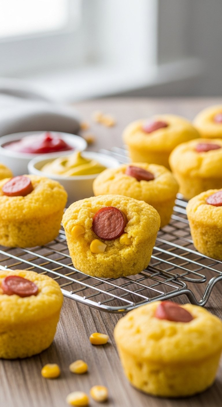 Golden-Brown Mini Corn Dog Muffins Cooling On A Wire Rack.