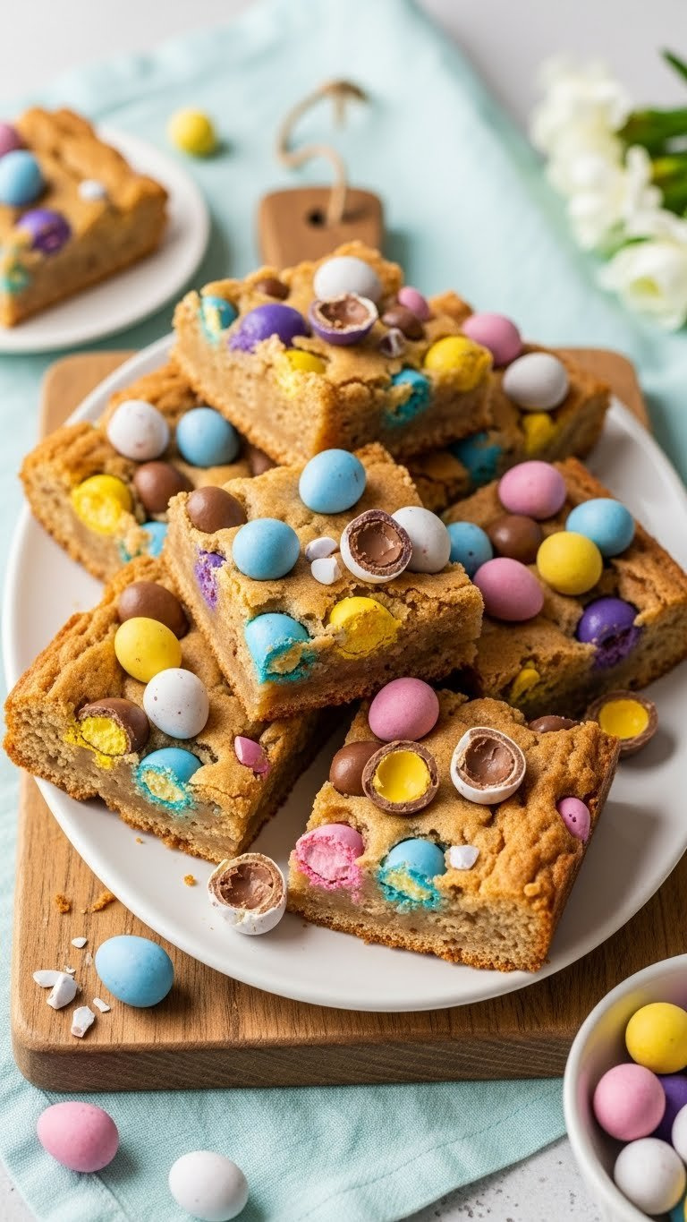 Golden-Brown Mini Egg Blondies With Colorful Cadbury Mini Eggs Baked Into Chewy Blondie Squares On Rustic Cutting Board